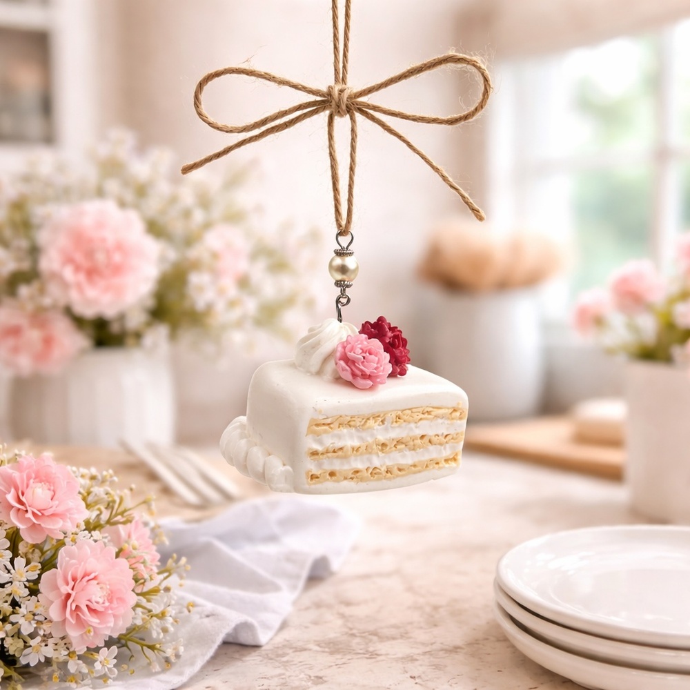 Floral Vanilla Layer Cake Ornament – Mini Handmade Cake Slice Hanging Decor